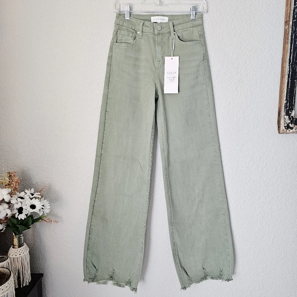 RISEN High Rise Wide Leg Olive Denim Jeans Classic Frayed Hem Size 1/25 NEW - Picture 6 of 15